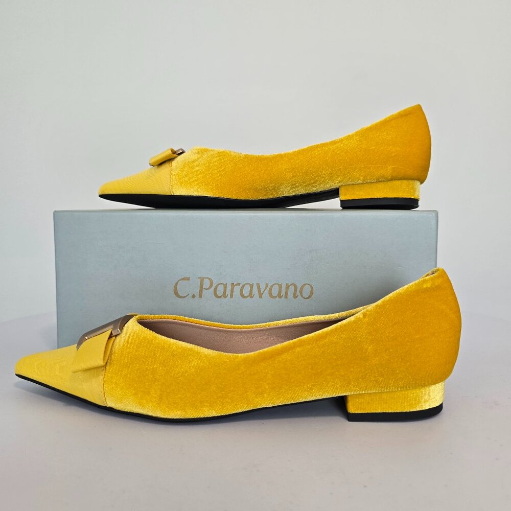 C.Paravano Yellow Velvet Pointed-Toe Loafers